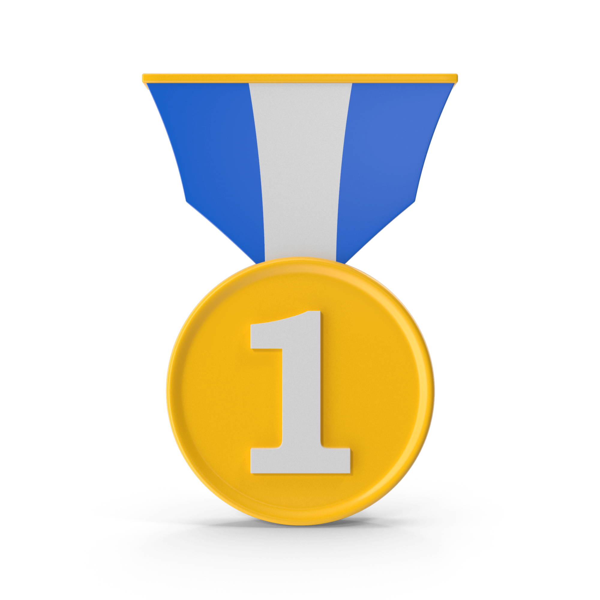 Gold medal with the number ‘1,’ featuring a blue and white ribbon at the top.