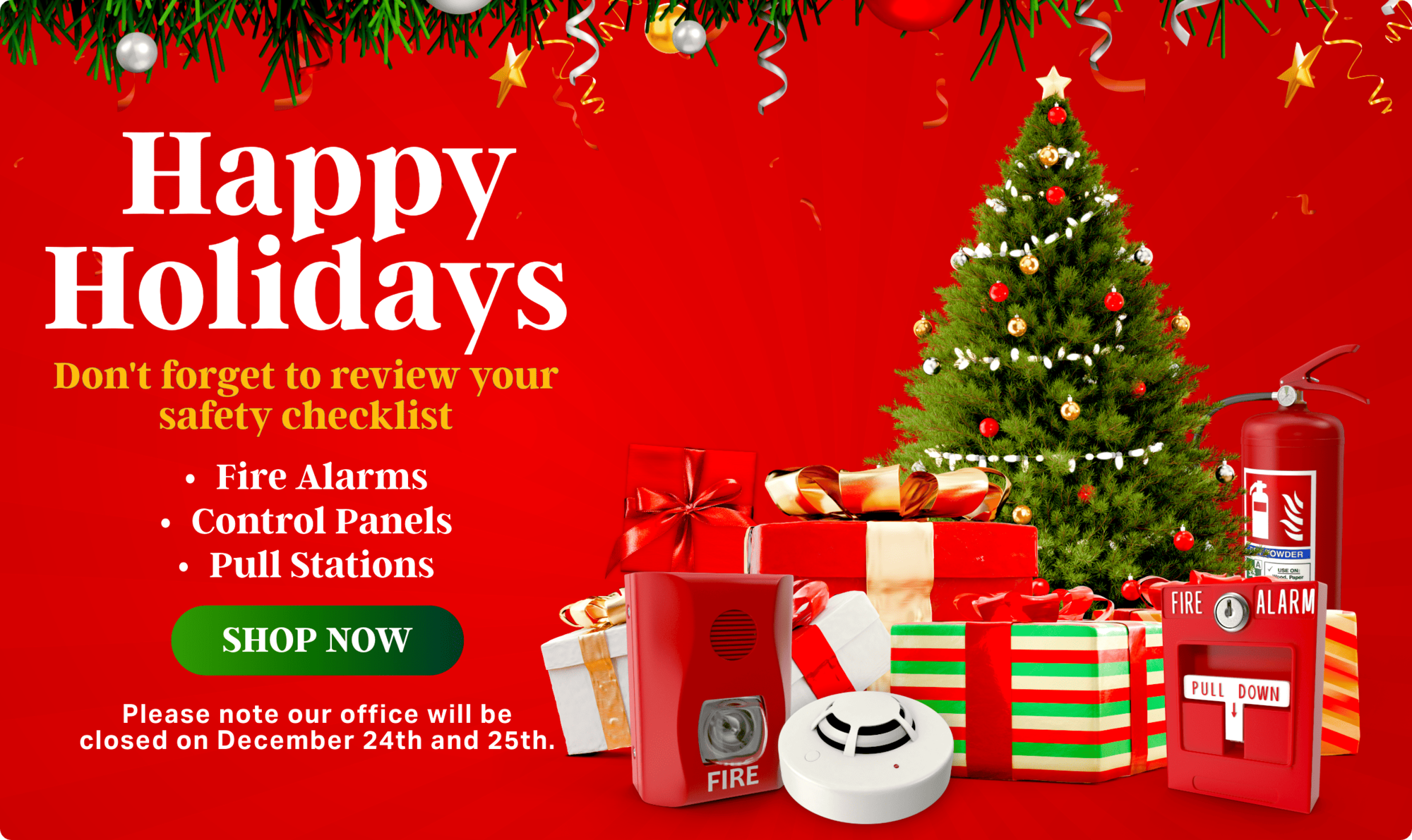 Happy Holidays banner from Protegis reminding customers to review their safety checklist with fire alarms, control panels, and pull stations displayed alongside festive holiday decorations.